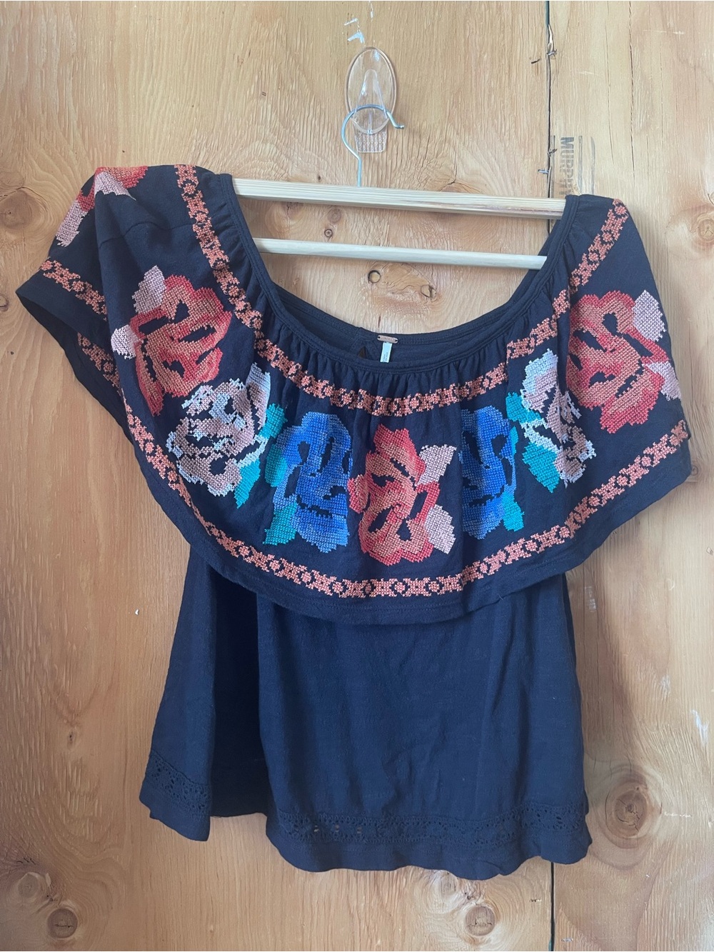 Free People Black Off-Shoulder Top with Multicolor Floral Embroidery
